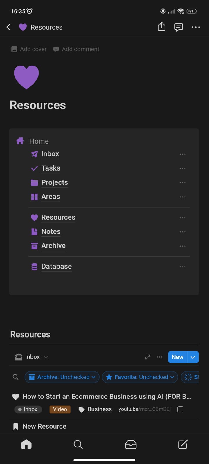 Everything organized by Projects, Areas, Resources and Archives.